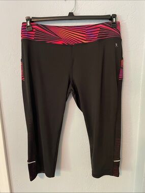 Danskin Black Capri Leggings with Pink & Orange Striped Waistband